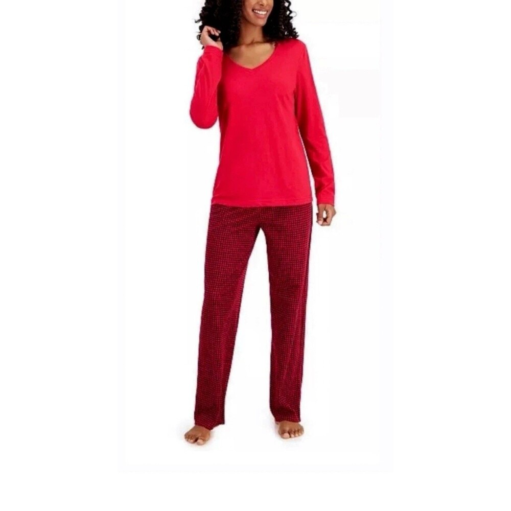 MSRP$49.50 Charter Club Cotton Pajama Set Tiny Buff Check Size M